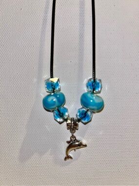Blue Glass & Faceted Bead Necklace with Dolphin Charm